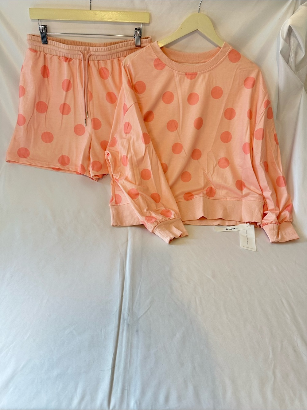 FISOEW Women’s Pink Polka Dot lounge Set L Long Sleeve Drawstring NWT